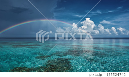 スコールの後に虹が架かる透き通る海原の景色 135524742