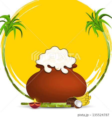 Happy Pongal Festival Illustration with Plain Clay Pot, Overflowing Rice and Sugarcane on Yellow Background 135524787