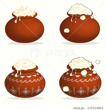 Set of Four Traditional Pongal Clay Pots with Decorated and Plain Designs and Overflowing Rice Vector Illustration Set of Four Traditional Pongal Clay Pots with Decorated and Plain Designs and Overflowing Rice Vector Illustration 135524801