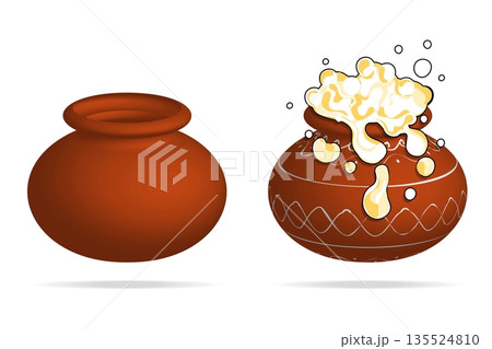 Plain clay pot and decorated pongal pot with overflowing rice vector illustration 135524810
