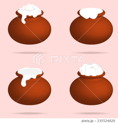 Set of Four Traditional Pongal Clay Pots with Different Overflowing Rice Styles Vector Illustration Set of Four Traditional Pongal Clay Pots with Different Overflowing Rice Styles Vector Illustration 135524820