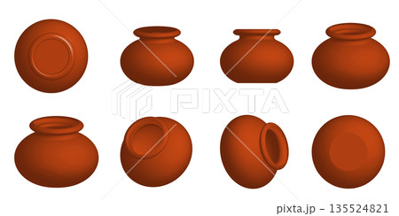 Traditional Pongal Clay Pot Vector Illustration Set with Multiple Views 135524821