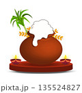 Traditional Pongal Harvest Festival Celebration Pot with Sugarcane and Diyas Vector Illustration 135524827