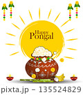 Happy pongal festival poster with clay pot, overflowing rice and sun illustration 135524829