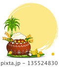 Decorated pongal pot with overflowing rice and sugarcane vector illustration 135524830