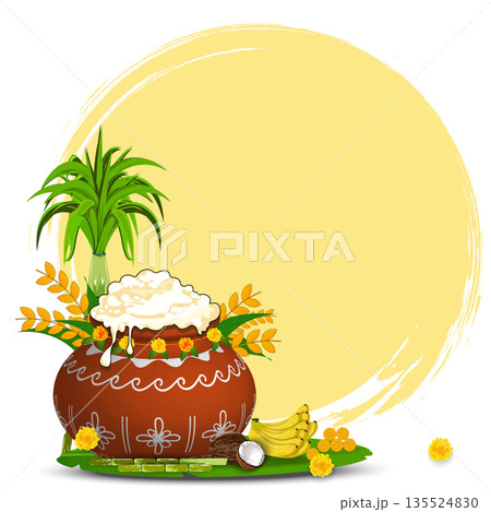 Decorated pongal pot with overflowing rice and sugarcane vector illustration 135524830
