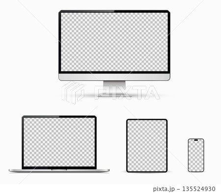 Realistic device mockup set with blank empty screen. Tablet PC , desktop computer, laptop and smartphone Realistic device mockup set with blank empty screen. Tablet PC , desktop computer, laptop and smartphone 135524930