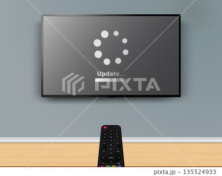 Update progress on LCD TV screen. Remote control is pointed at the TV on the wall. Update progress on LCD TV screen. Remote control is pointed at the TV on the wall. 135524933
