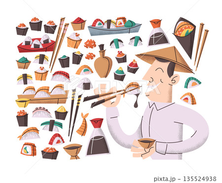Set of sushi stickers Japanese cuisine elements and satisfied Asian master chef tasting food Set of sushi stickers Japanese cuisine elements and satisfied Asian master chef tasting food 135524938