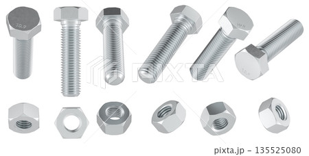 Hex bolts and nuts shown from different angles. 3D rendering 135525080