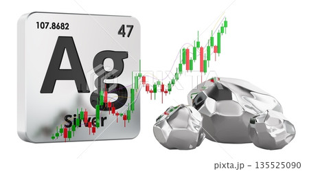 Silver price growth concept with Ag chemical symbol tile rising candlestick chart and silver ore. 3D rendering Silver price growth concept with Ag chemical symbol tile rising candlestick chart and silver ore. 3D rendering 135525090