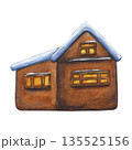 Little watercolor house. Hand drawn watercolor cozy small house. Cute childish cottages with Yellow windows. Isolated of Christmas home for design, invitation or postcard 135525156