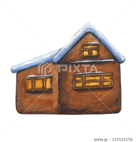 Little watercolor house. Hand drawn watercolor cozy small house. Cute childish cottages with Yellow windows. Isolated of Christmas home for design, invitation or postcard Little watercolor house. Hand drawn watercolor cozy small house. Cute childish cottages with Yellow windows. Isolated of Christmas home for design, invitation or postcard 135525156