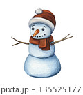 Snowman illustration. Watercolor illustration of cute character snowman in red knitted hat and scarf. Winter charming character on white background for winter holiday design, invitation or postcard 135525177