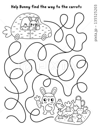 Easter village black and white maze with bunny on carrot shaped car going to his garden. Line labyrinth game with hare. Spring holiday printable activity, worksheet, coloring page with rabbit, chick 135525203