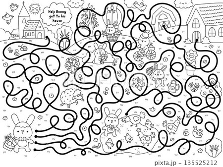 Easter village black and white maze with rural country scene, bunny going to house with egg basket. Line labyrinth game with animals, church. Spring holiday printable activity, coloring page 135525212