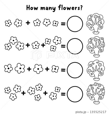 How many flowers black and white game with blooming trees. Spring holiday line math addition activity for children. Simple printable counting worksheet, coloring page for kids with garden plant 135525217