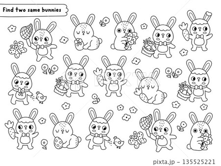 Find two same bunnies. Easter village black and white matching activity for kids. Spring holiday line educational quiz worksheet. Printable game, coloring page with hares, egg baskets, carrots Find two same bunnies. Easter village black and white matching activity for kids. Spring holiday line educational quiz worksheet. Printable game, coloring page with hares, egg baskets, carrots 135525221