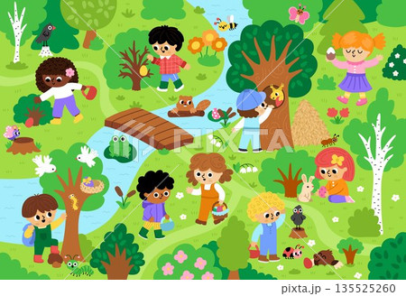 Vector Easter egg hunt background. Cute landscape with kids, trees, bushes, insects, colored eggs, basket, nature element. Woodland scene with children looking for eggs in forest 135525260