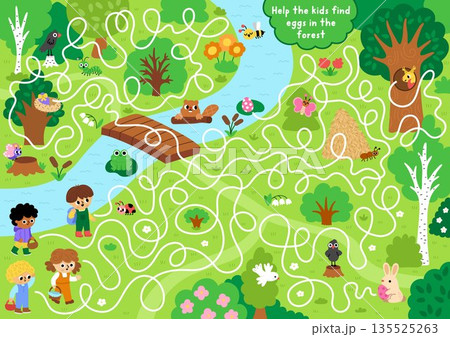 Easter egg hunt maze for children with woodland scene, boys and girls with baskets. Detailed labyrinth game with cute kids searching for eggs in forest. Spring holiday printable activity, worksheet 135525263