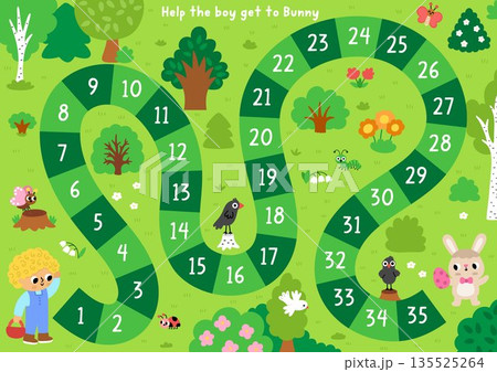 Easter holiday board game for children with forest scene and boy with basket going to bunny. Boardgame with trees, birds, animals, woodland nature. Spring printable activity, worksheet Easter holiday board game for children with forest scene and boy with basket going to bunny. Boardgame with trees, birds, animals, woodland nature. Spring printable activity, worksheet 135525264