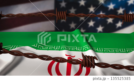 United States and Iran Tension Under Sanctions and Geopolitical Conflict Concept 3d render. 135525385