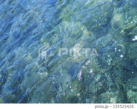 Beautiful clear sea surface near Catania, Sicily, with fish swimming in the turquoise Mediterranean waters. Stunning underwater and coastal scene highlighting the rich marine life, pristine waters 135525428