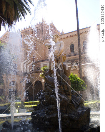 View of a beautiful fountain in Palermo, Sicily, Italy, surrounded by historic architecture and urban scenery. Elegant water feature highlighting the city s artistic heritage, Mediterranean charm, and 135525430