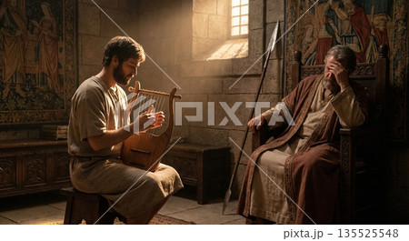 David sits on a chair and plays a harp while King Saul listens. The room has stone walls and a window letting in sunlight. Both figures are dressed in clothing of their time. David sits on a chair and plays a harp while King Saul listens. The room has stone walls and a window letting in sunlight. Both figures are dressed in clothing of their time. 135525548