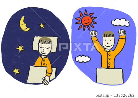 早寝早起きで健康的な生活を送る男の子のイラスト 135526262