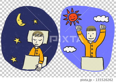 早寝早起きで健康的な生活を送る男の子のイラスト 135526262