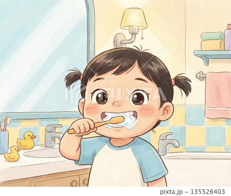 young child with pigtails brushes their teeth in a bright bathroom. The scene features rubber ducks and colorful tiles. Morning sunlight fills the space. 135526403