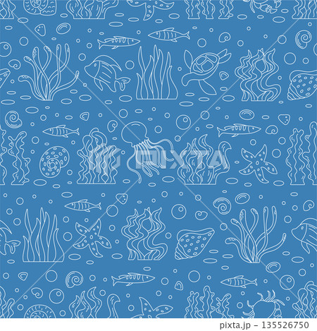Seamless aquatic pattern in outline style with marine reef elements. Fish, jellyfish, and turtles in underwater ocean theme. Doodle background ideal for textile or decor. Seamless aquatic pattern in outline style with marine reef elements. Fish, jellyfish, and turtles in underwater ocean theme. Doodle background ideal for textile or decor. 135526750