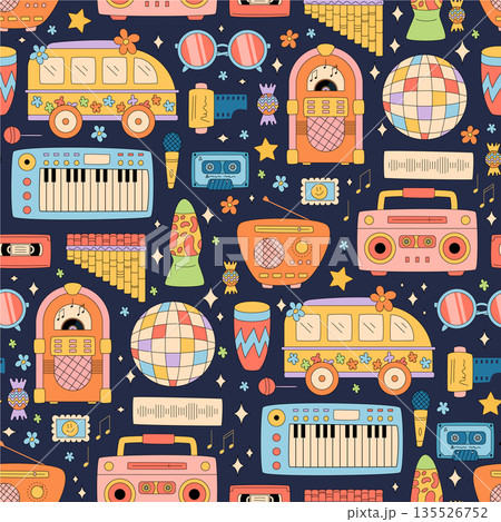 Groovy retro seamless music pattern with colorful disco and y2k style. Pattern includes radio, boombox and keyboard motifs as a vibrant background, perfect for graphic wallpaper or trendy textile. Groovy retro seamless music pattern with colorful disco and y2k style. Pattern includes radio, boombox and keyboard motifs as a vibrant background, perfect for graphic wallpaper or trendy textile. 135526752