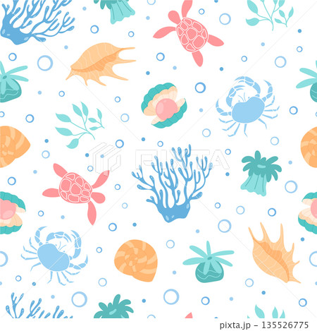 Cartoon underwater marine scene with turtle, coral, and aquatic elements in a seamless ocean pattern. Vibrant sea flora and fauna create a lively marine background. Perfect for aquatic themes summer 135526775