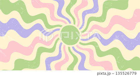 Retro groovy swirl with pastel circle and sunshine form sun motif. Wavy background texture and subtle grunge, y2k style. Horizontal orientation, artistic grungy effect for modern aesthetic. 135526779