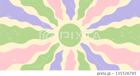 Retro groovy sun burst with wavy pastel rays forms a grungy sunshine style. sun and burst pattern set in a horizontal background, y2k color and artistic graphic for modern creative use. Retro groovy sun burst with wavy pastel rays forms a grungy sunshine style. sun and burst pattern set in a horizontal background, y2k color and artistic graphic for modern creative use. 135526785