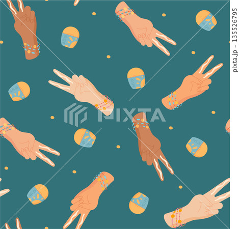 Flat seamless pattern of two finger rule hand shape with sunscreen tube and sunblock. SPF cream, lotion for skin, summer care, seamless pattern in flat style for sun protection, body product wallpaper 135526795