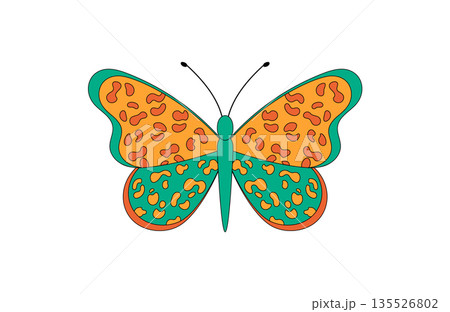 Groovy retro butterfly sticker in a funky pop style and bold orange color. This colorful cute motif is a playful groovy element, ideal as an artistic patch or graphic for modern creative design. Groovy retro butterfly sticker in a funky pop style and bold orange color. This colorful cute motif is a playful groovy element, ideal as an artistic patch or graphic for modern creative design. 135526802