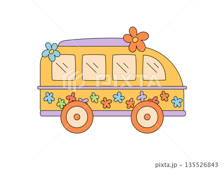 Groovy y2k hippie van in colorful cartoon graphic style with playful flower elements. Funky retro party festival vibe, vibrant groovy element as an artistic illustration for fun summer themes. Groovy y2k hippie van in colorful cartoon graphic style with playful flower elements. Funky retro party festival vibe, vibrant groovy element as an artistic illustration for fun summer themes. 135526843