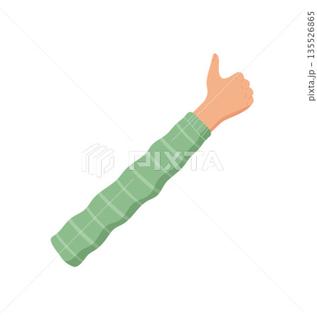 Cartoon hand gesture with one raised finger. Arm showing the number one in a counting pose. Light skin tone, green sleeve, flat style, isolated, ideal for education or school material. 135526865
