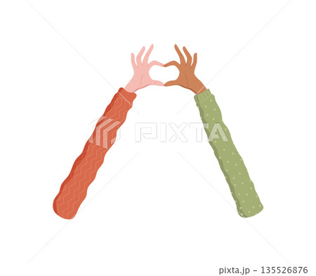 Flat cartoon graphic style diverse hands create a heart shape. Community and love symbol with connection and solidarity. Gesture of friendship support in colorful minimal design. 135526876