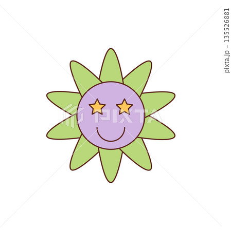 Groovy retro flower sticker with happy cartoon face. Funky purple and green star detail create a y2k smile and vibrant groovy element, ideal as a trendy playful character for positive projects. Groovy retro flower sticker with happy cartoon face. Funky purple and green star detail create a y2k smile and vibrant groovy element, ideal as a trendy playful character for positive projects. 135526881