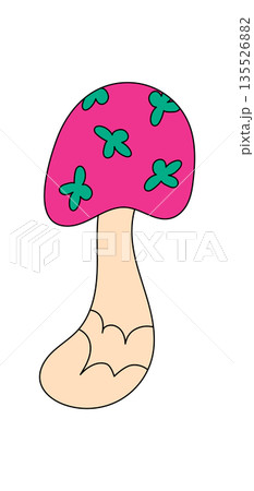 Groovy retro pink mushroom sticker cartoon in funky and psychedelic magic style. Shroom as colorful groovy element, playful art for y2k, trendy, pop or contemporary uses. Groovy retro pink mushroom sticker cartoon in funky and psychedelic magic style. Shroom as colorful groovy element, playful art for y2k, trendy, pop or contemporary uses. 135526882