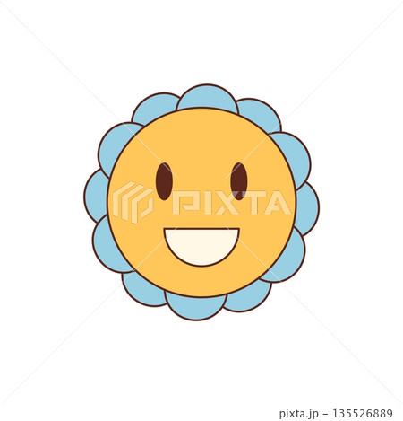 Groovy retro flower sticker in cute cartoon graphic style with a cheerful yellow and blue smiley. Happy groovy element for playful y2k mood, this design adds pop and charm to fun modern creative Groovy retro flower sticker in cute cartoon graphic style with a cheerful yellow and blue smiley. Happy groovy element for playful y2k mood, this design adds pop and charm to fun modern creative 135526889