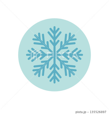 Blue circle snowflake sticker in flat icon style. Line ornament and cold ice label for box or winter ornament. Christmas chill flat snow flake symbol for gift or package. 135526897