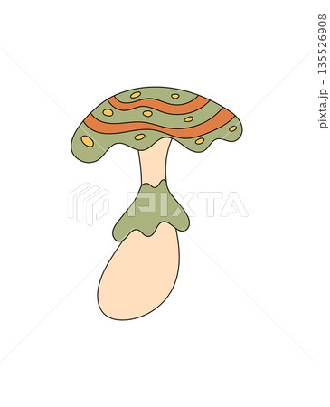 Groovy retro cartoon mushroom in green and orange color with a psychedelic patch style sticker. Y2k inspired shroom and plant, magic groovy element as a trendy sticker for playful fun decor. 135526908