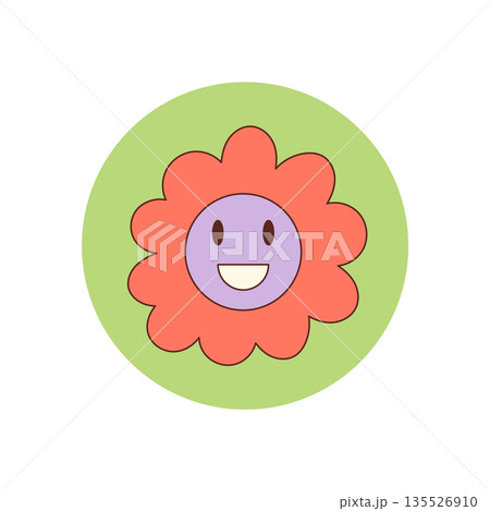 Groovy retro flower smiley sticker with cute cartoon face and colorful happy style. This y2k package seal works as a fun groovy element, perfect for box sticker accent and trendy seal design. Groovy retro flower smiley sticker with cute cartoon face and colorful happy style. This y2k package seal works as a fun groovy element, perfect for box sticker accent and trendy seal design. 135526910