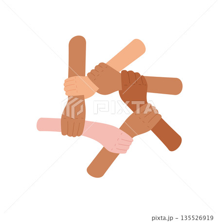 Hands together forming a solidarity symbol in flat style. Representation of diverse people, multicultural teamwork, and mutual support. Unity and equality concept for social community themes. Hands together forming a solidarity symbol in flat style. Representation of diverse people, multicultural teamwork, and mutual support. Unity and equality concept for social community themes. 135526919