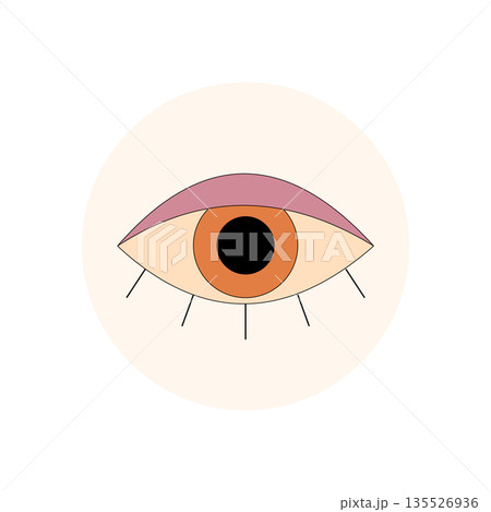Groovy retro flat eye symbol with circle shape forms a unique sticker label. Y2k emblem and modern package icon, playful design for lid or package accent in beige and pink. 135526936